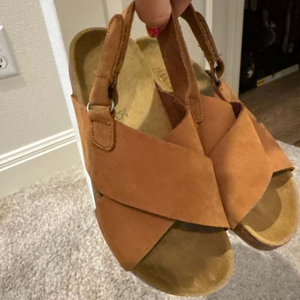 ZARA Footwear Brown Suede Cross Strap Backstrap Platform Sandals Size 4 - Picture 2 of 6